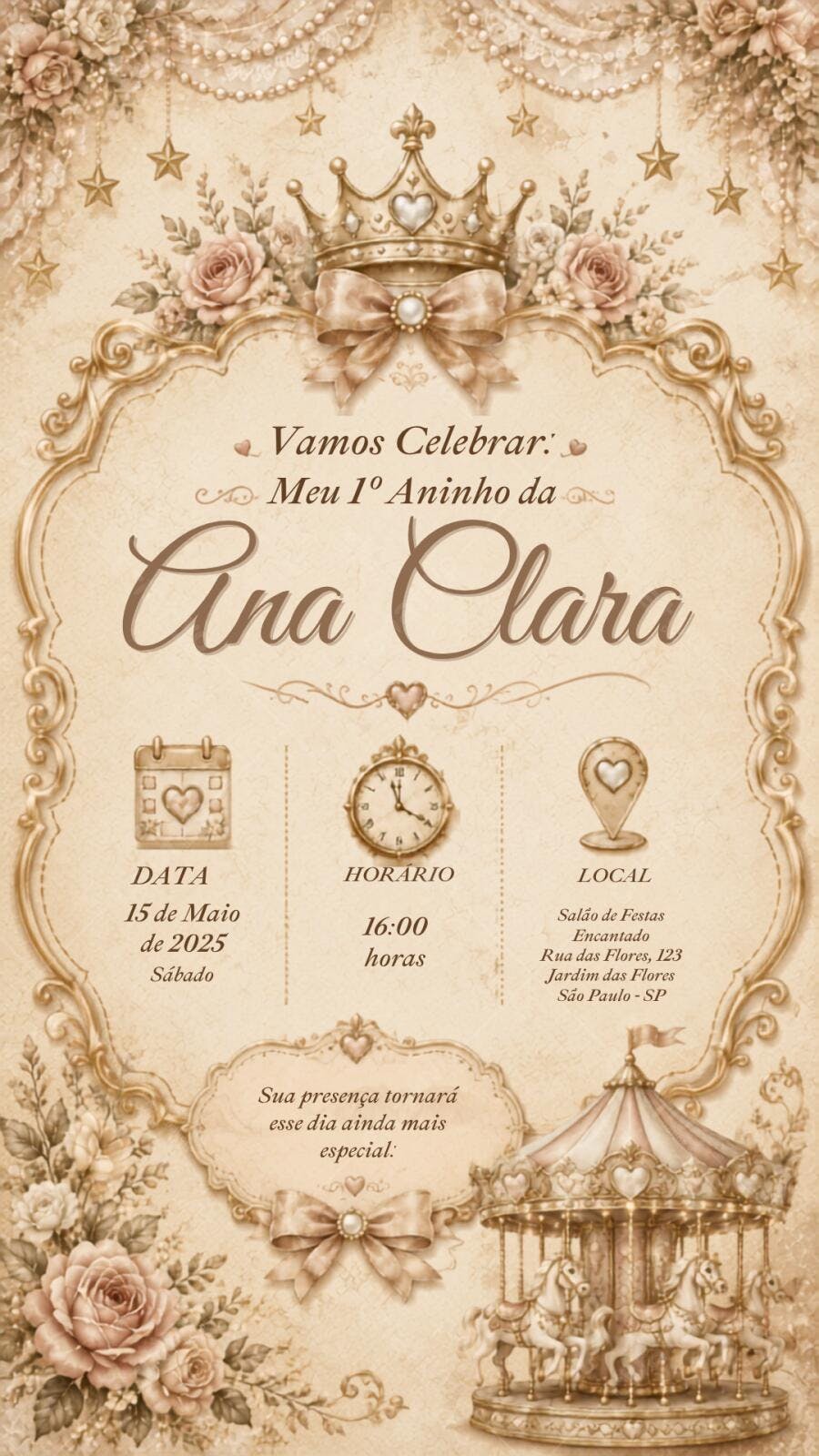Convite Aniversário 1 Ano Princesa Carrossel Encantado Editável