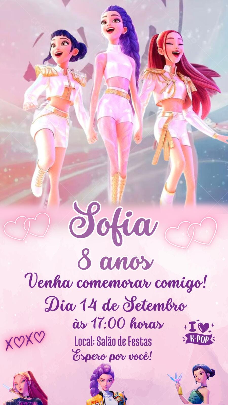 Convite Aniversário K-Pop Feminino 8 Anos Editável