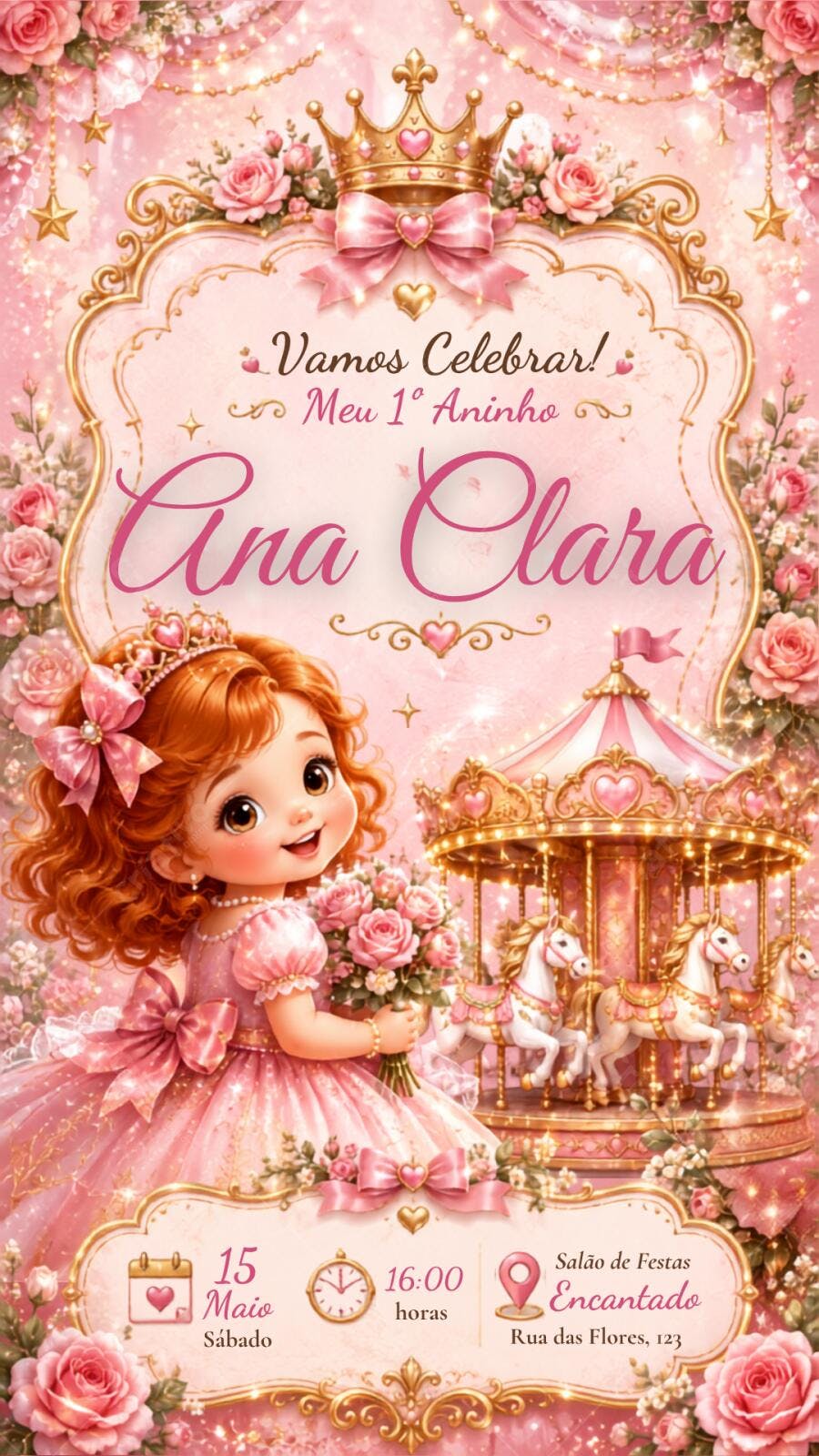 Convite Aniversário Princesa Carrossel Encantado 1 Aninho Editável