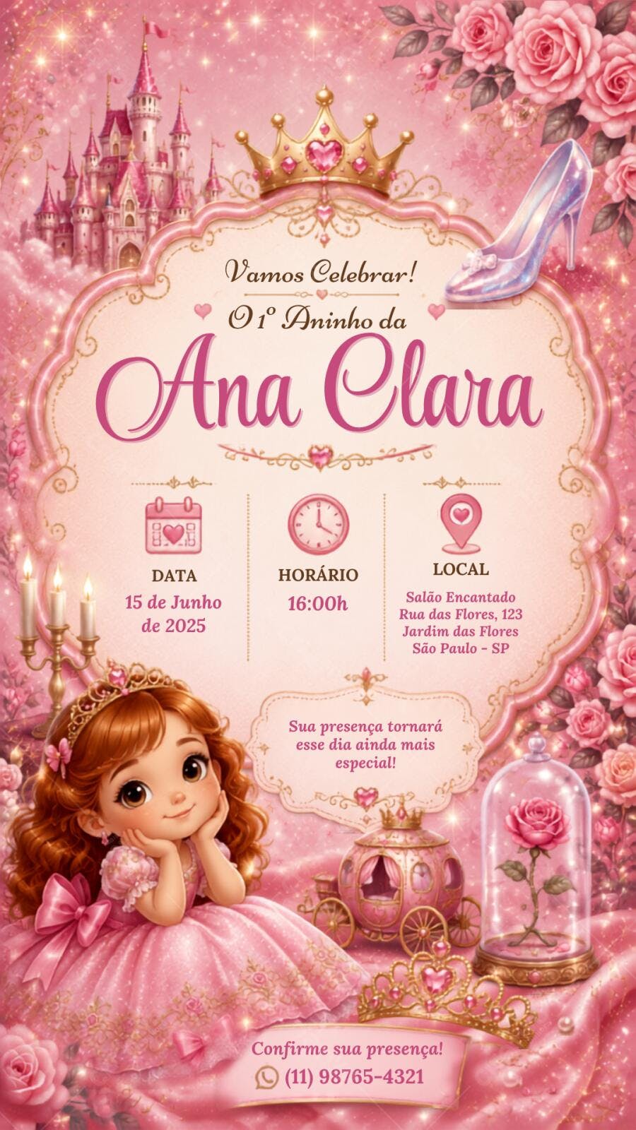 Convite Aniversário Princesa Castelo Rosa 1 Aninho Editável
