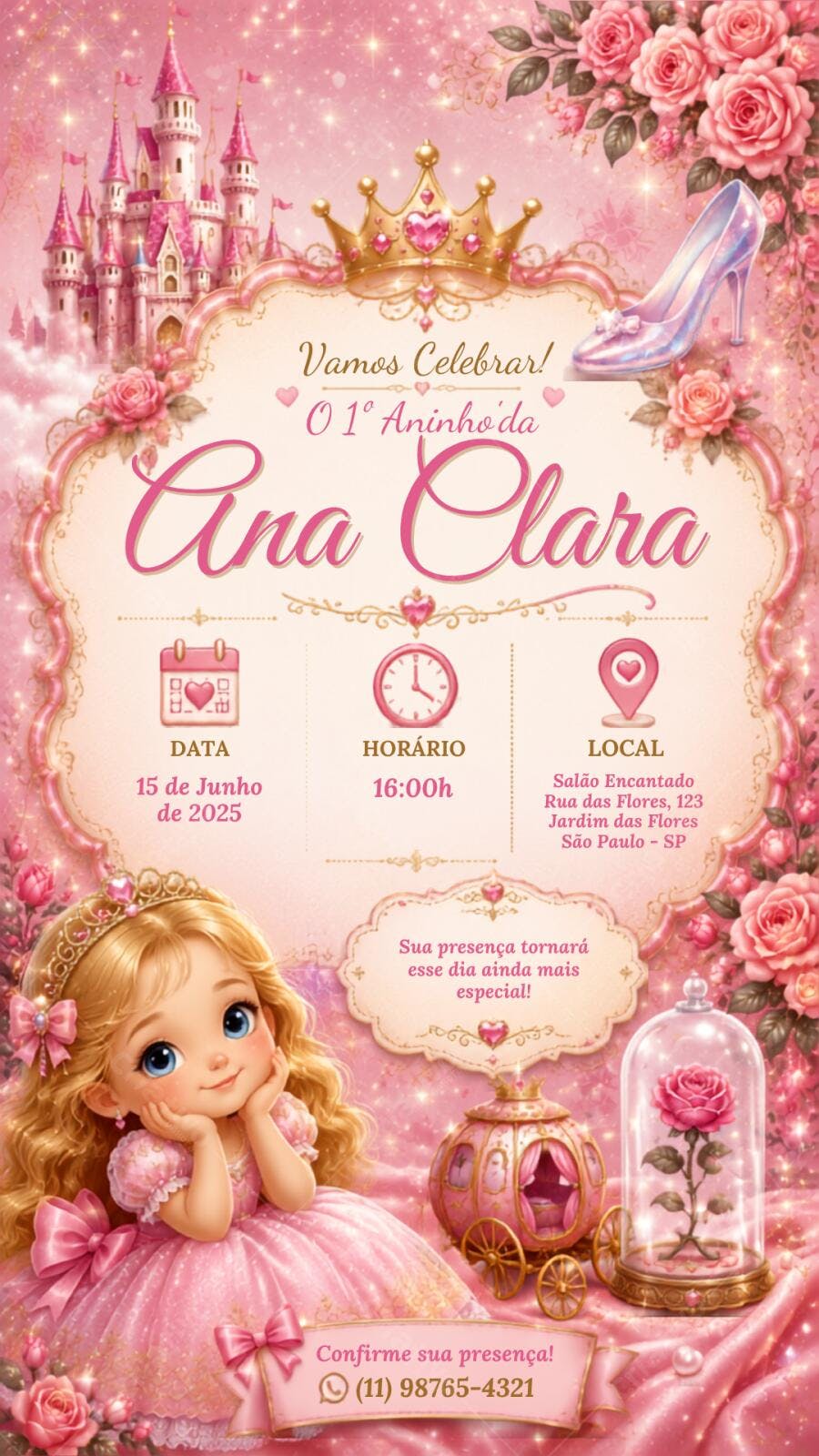 Convite Aniversário Princesa Castelo Rosa 1 Ano Editável