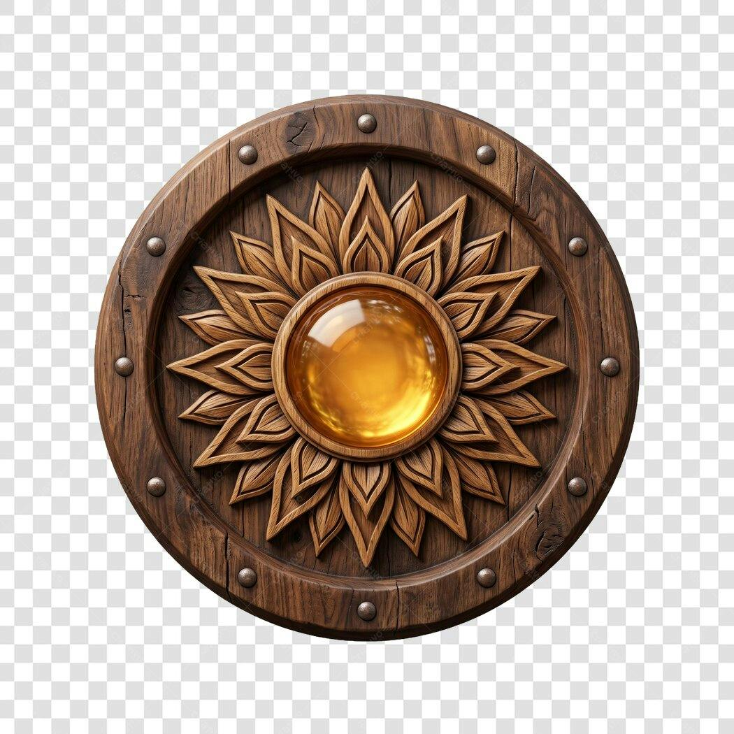 Elemento 3D Escudo Rústico Madeira Gema Âmbar PNG Fundo Transparente