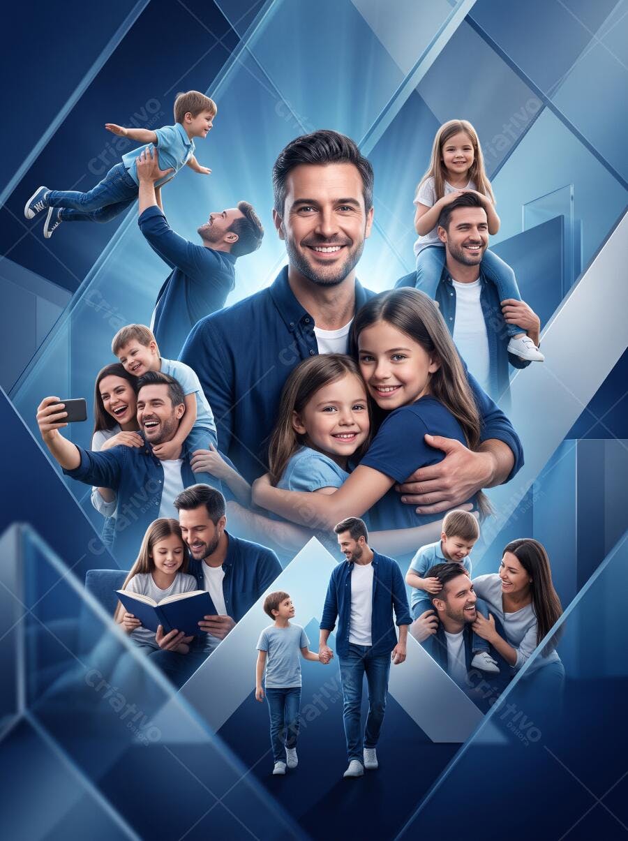 Foto Família Feliz Pai e Filhos Momentos Juntos Fundo Abstrato Azul