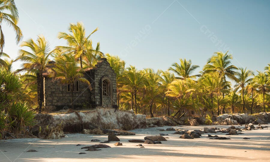 Foto Praia Tropical com Coqueiros e Casa Histórica de Pedra