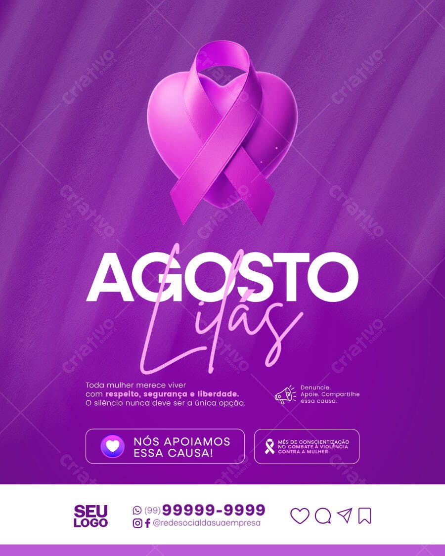 Post Instagram Agosto Lilás Conscientização Mulher PSD Editável