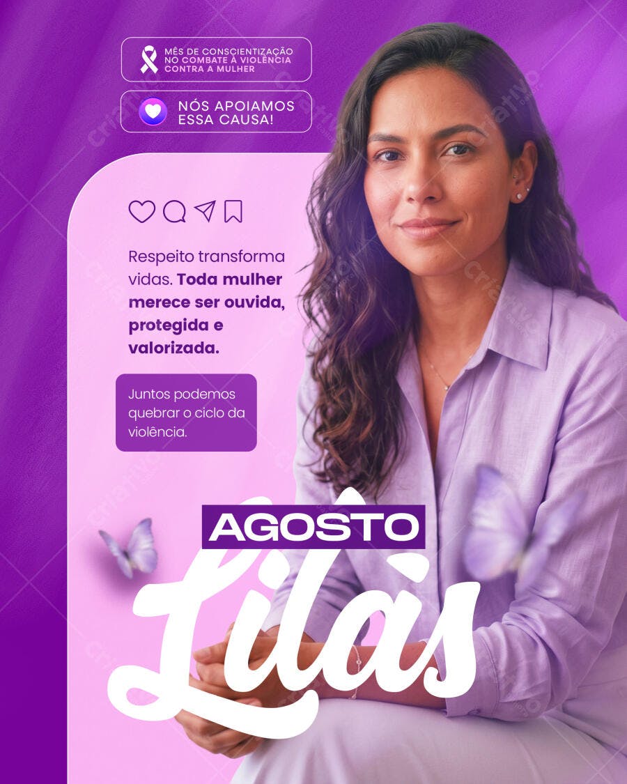 Post Instagram Agosto Lilás Conscientização Mulher PSD Editável