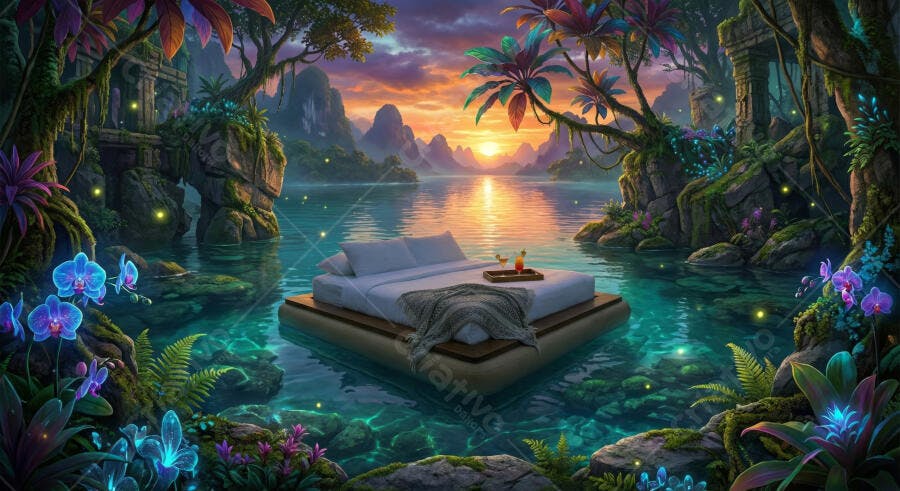 Cama Flutuante Lago Tropical Pôr do Sol Fantasia Iluminada