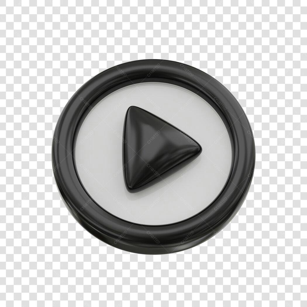 Elemento 3D Botão Play Preto e Branco PNG Fundo Transparente