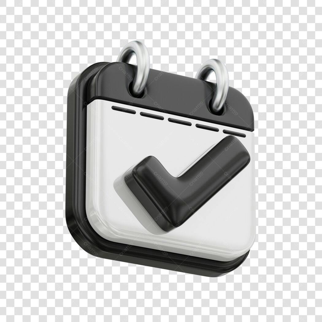 Elemento 3D Calendário com Checkmark Preto PNG Fundo Transparente