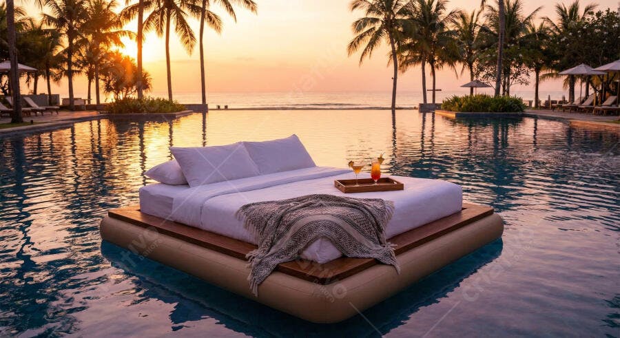 Foto Cama Flutuante Piscina Resort Pôr do Sol Luxo