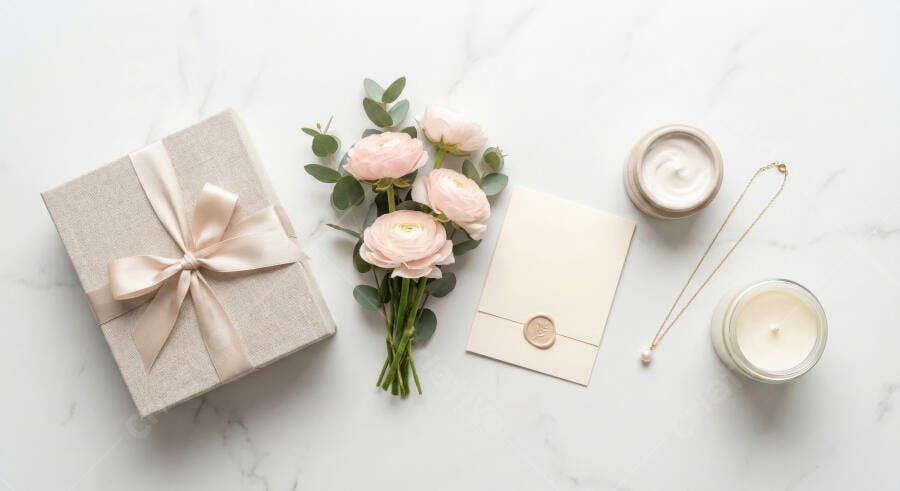 Foto Flat Lay Presente Flores Convite Jóia Velas Mármore