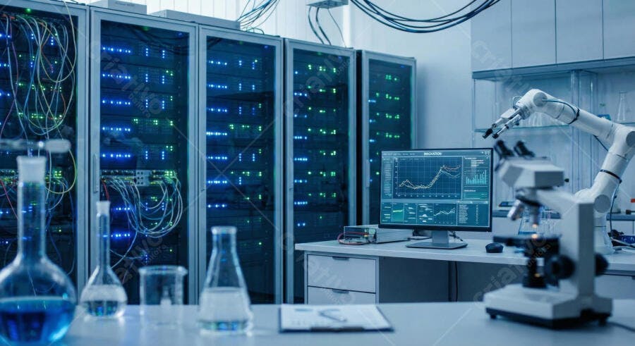 Foto Laboratório Moderno Robô Microscópio Servidores Tecnologia
