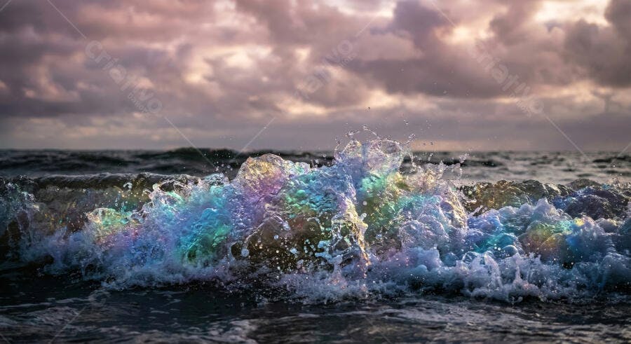 Foto Onda do Mar Arco-Íris Espuma Colorida Pôr do Sol
