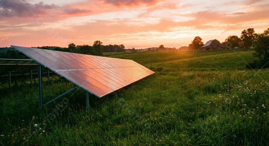Foto Painel Solar Campo Verde Pôr do Sol Energia Limpa