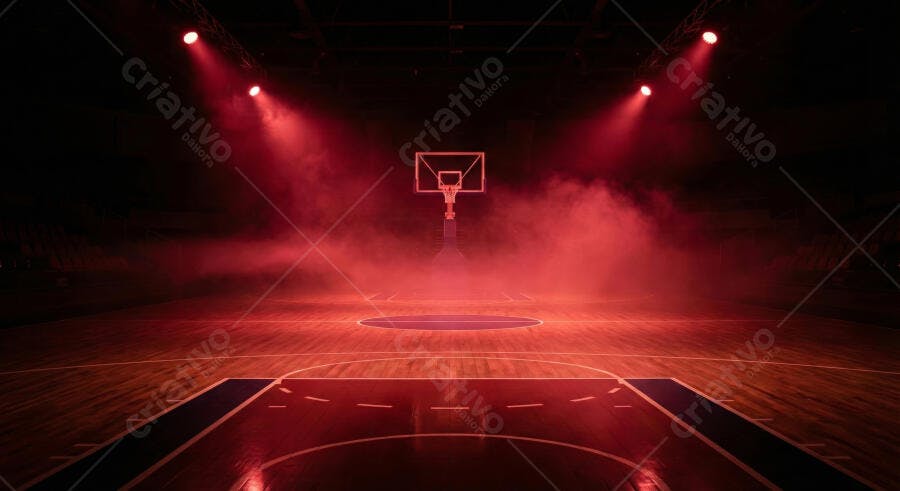 Foto Quadra Basquete Iluminada Vermelho Fumaça Noturna