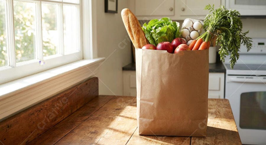 Foto Sacola de Compras Cheia de Alimentos Frescos Cozinha