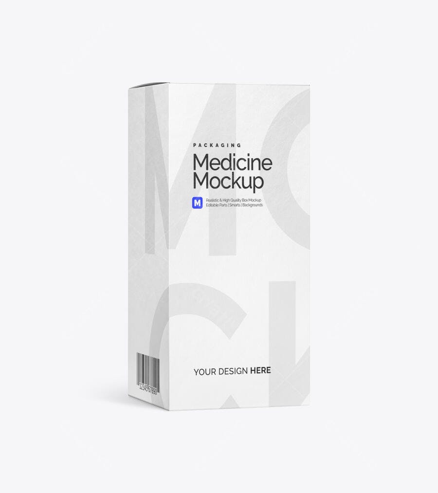 Mockup Caixa de Remédio Branca 3/4 Fundo Limpo Editável