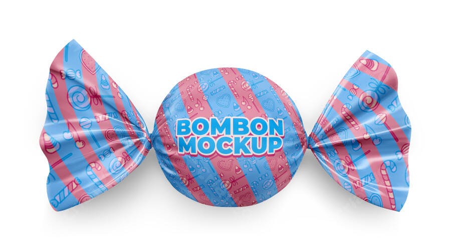Mockup Embalagem Bombom Doce Plástico Frontal Editável