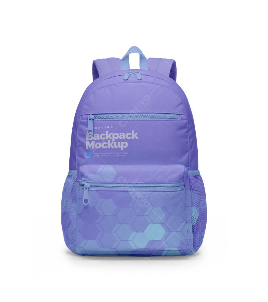 Mockup Mochila Escolar Roxa Frontal Fundo Branco Editável