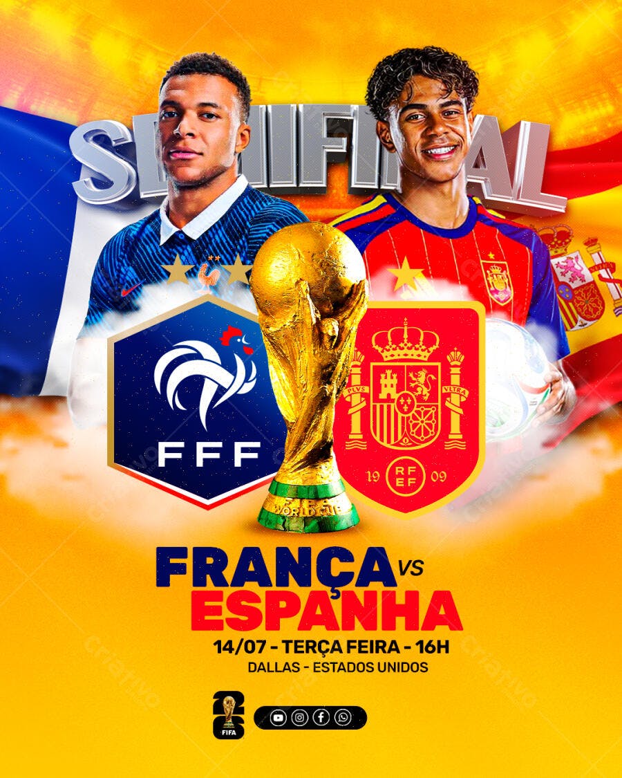 Post Semifinal Copa do Mundo França Espanha PSD Editável
