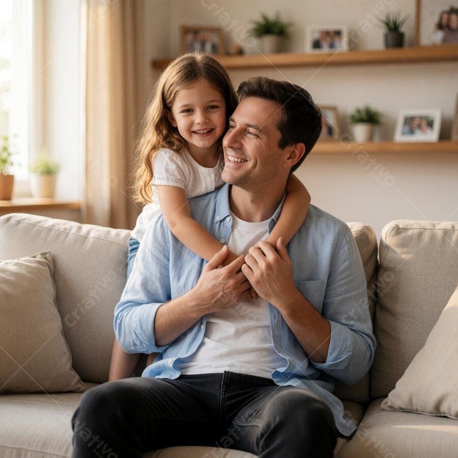 Foto Pai e Filha Abraçados Sorrindo Sofá Sala de Estar
