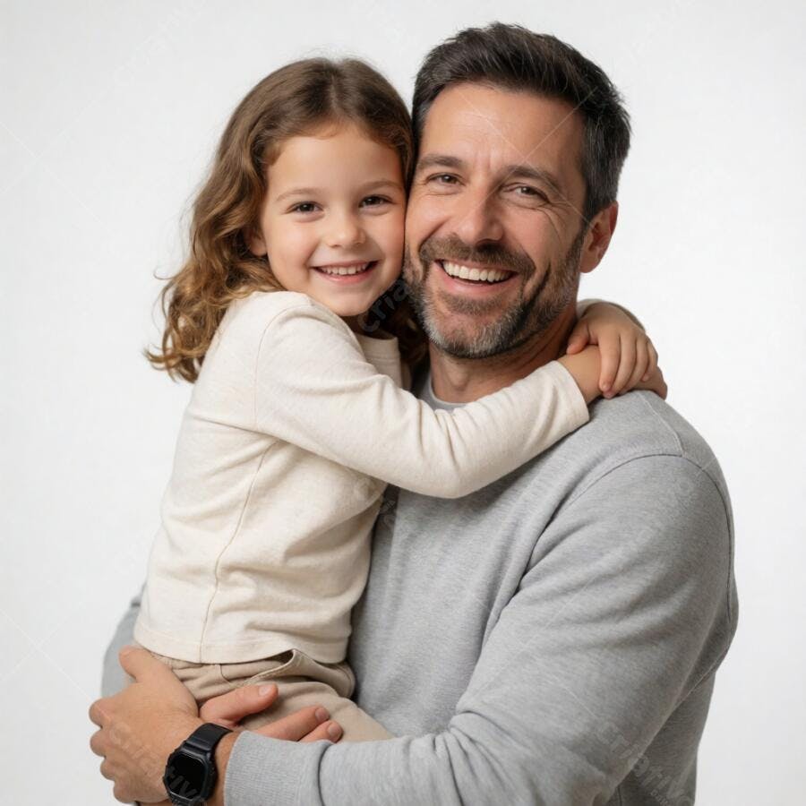 Foto Pai e Filha Sorrindo Abraçados Fundo Branco Estúdio