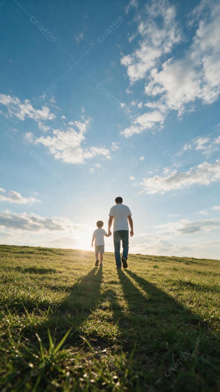 Foto Pai e Filho Andando Campo Gramado Pôr do Sol