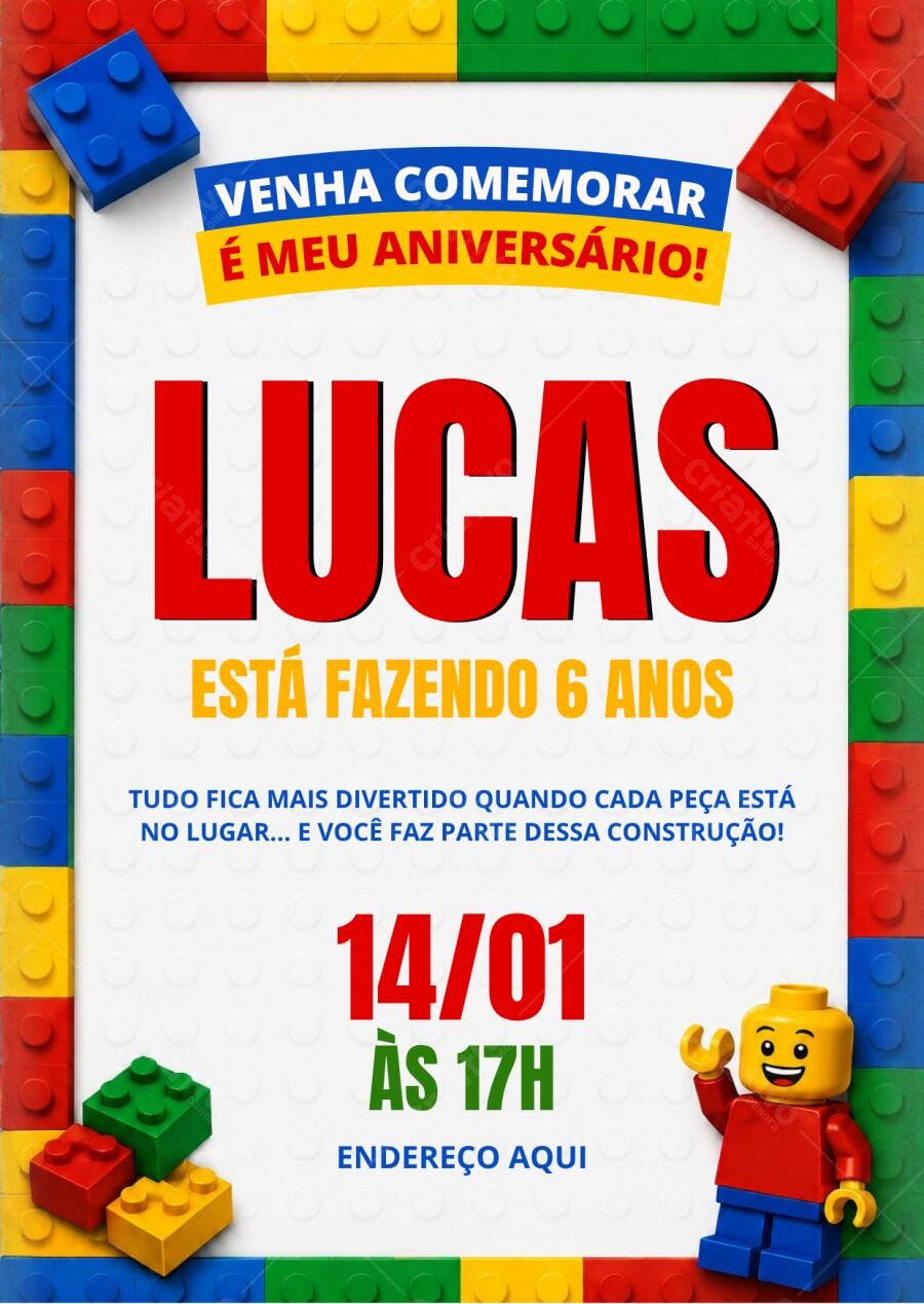 Convite Aniversário Infantil Blocos de Montar 6 Anos Editável