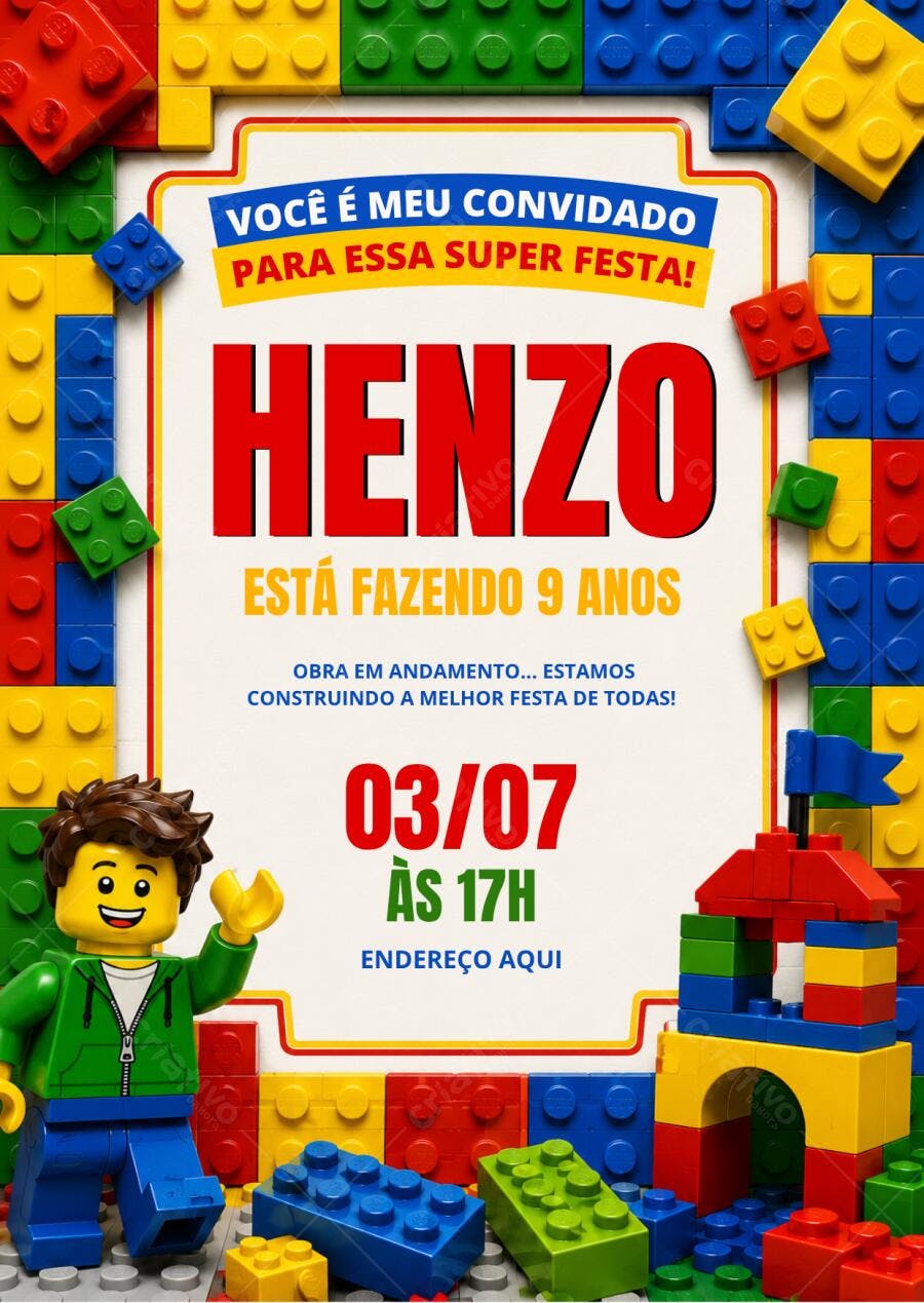 Convite Aniversário Infantil Blocos de Montar 9 Anos Editável