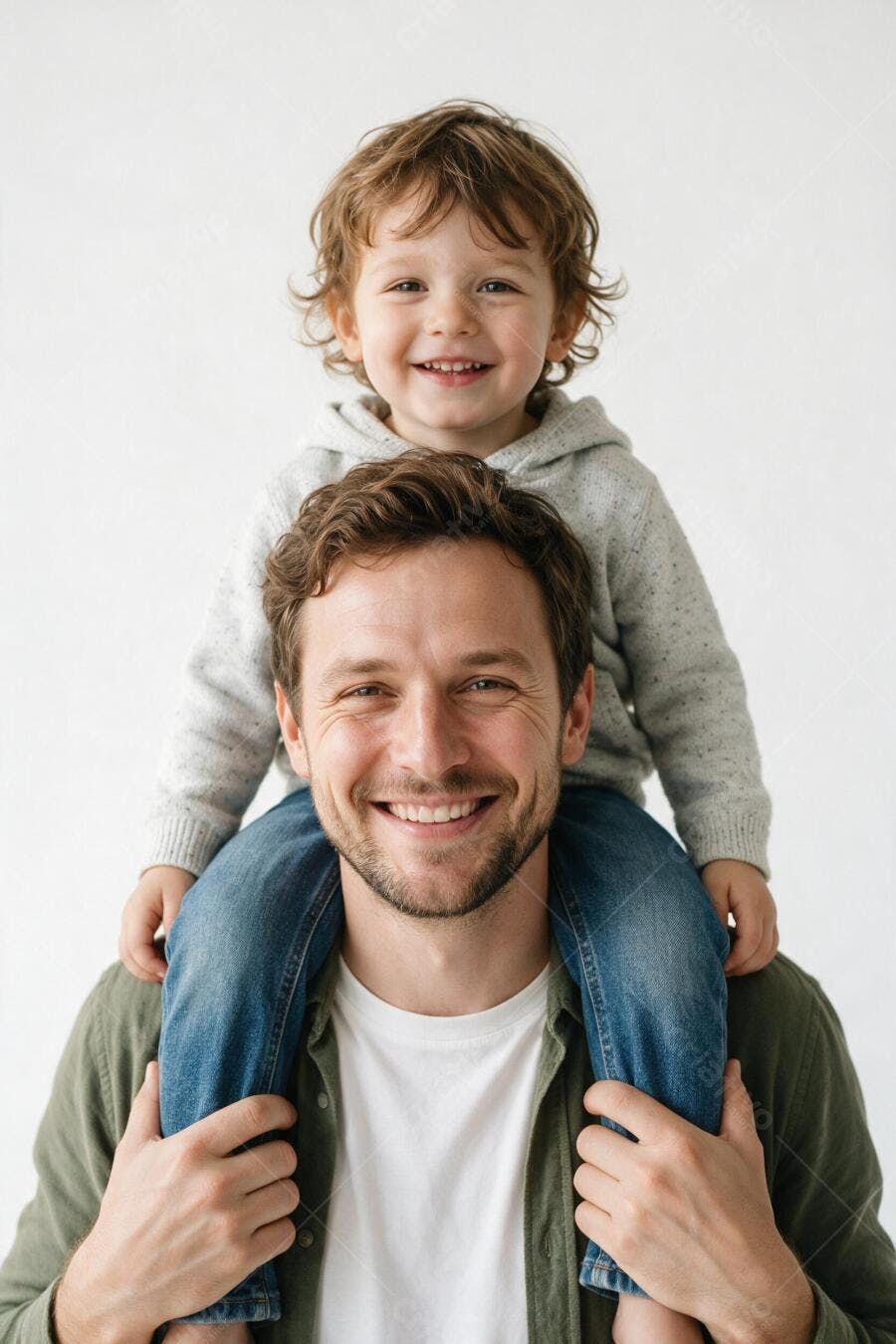 Foto Pai Filho Sorrindo Brincando Ombro Fundo Branco