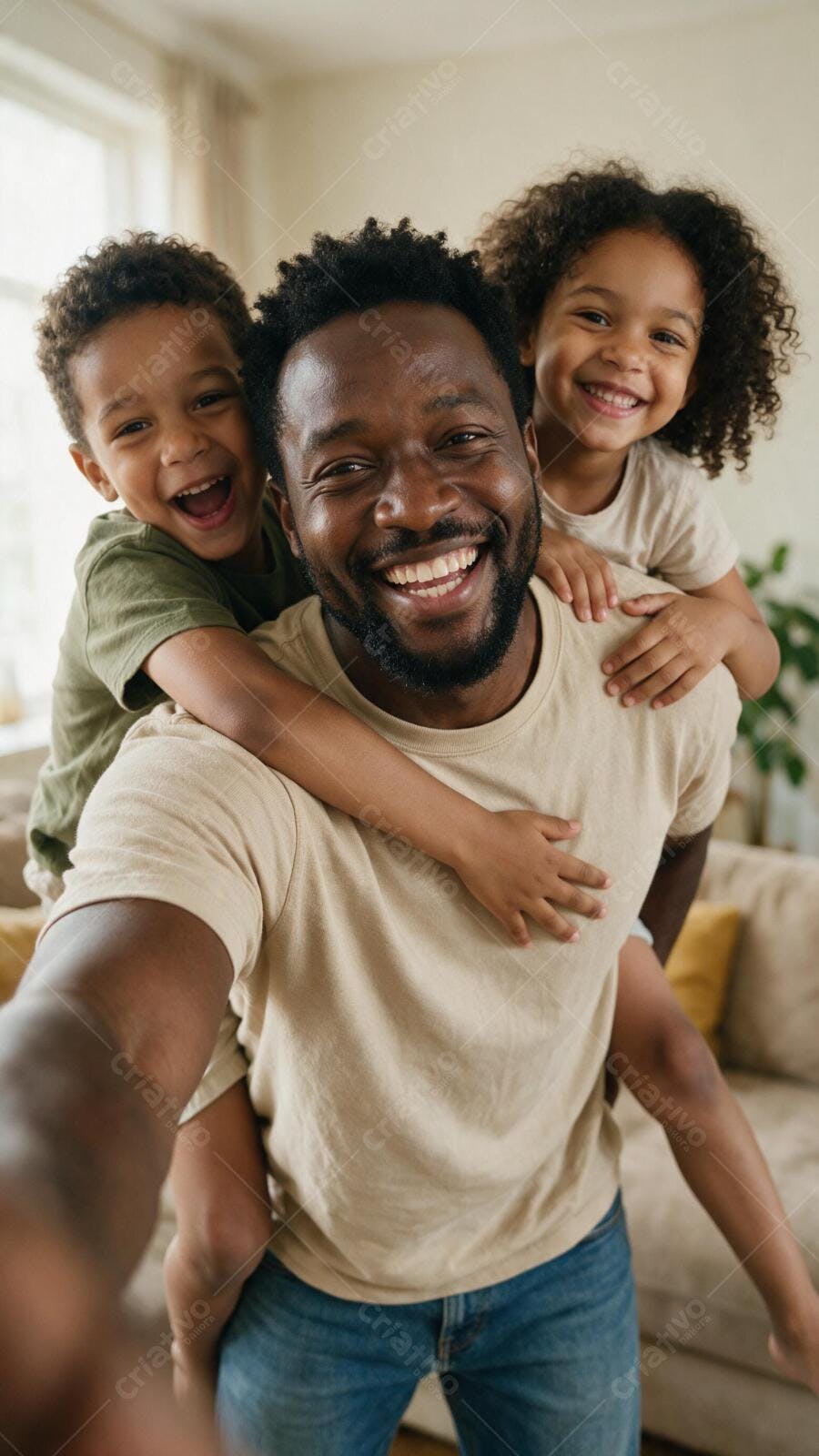 Foto Pai Negro Brincando Filhos Sorrindo em Casa