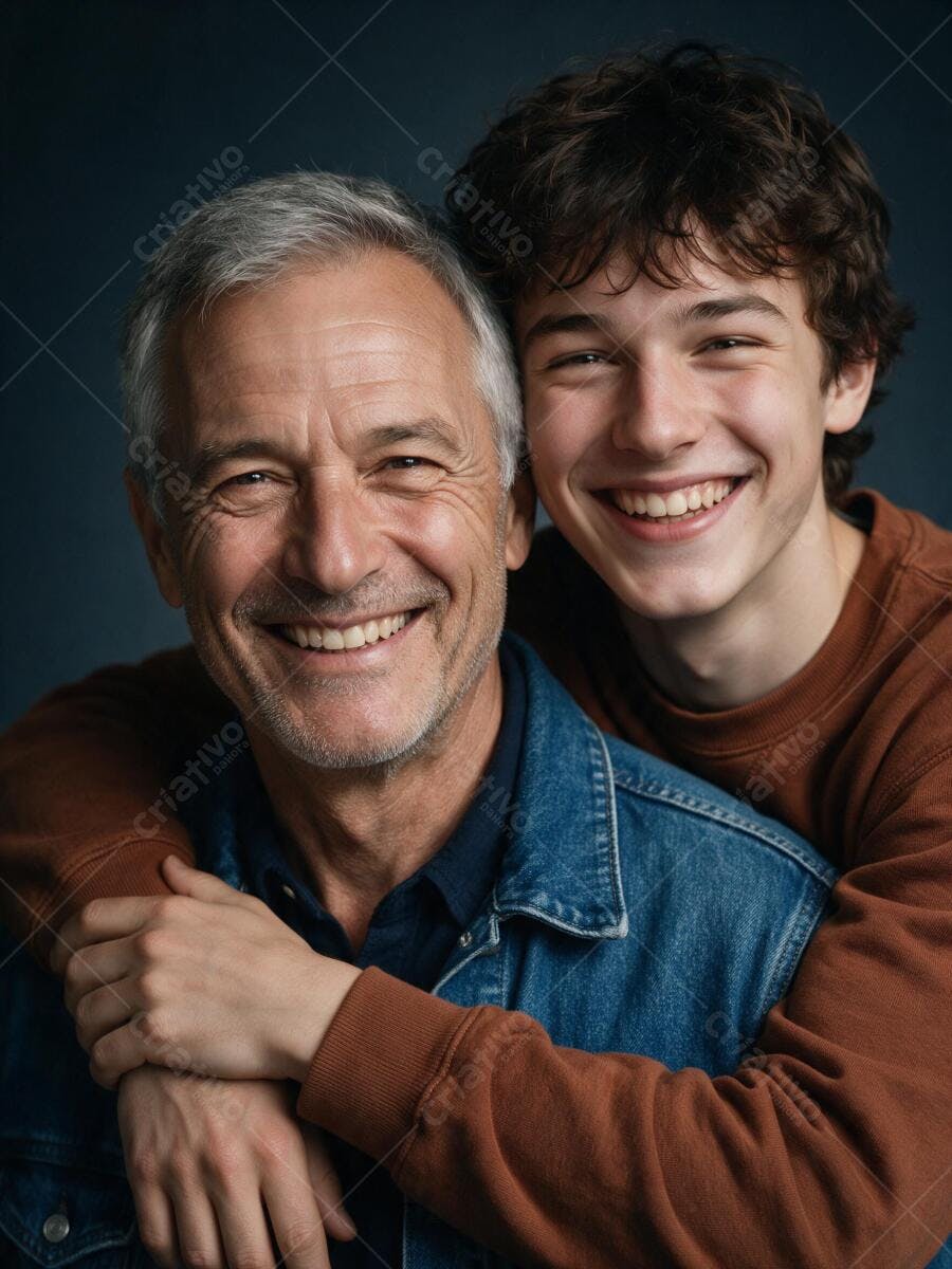 Foto Retrato Pai e Filho Abraçados Sorrindo Fundo Escuro