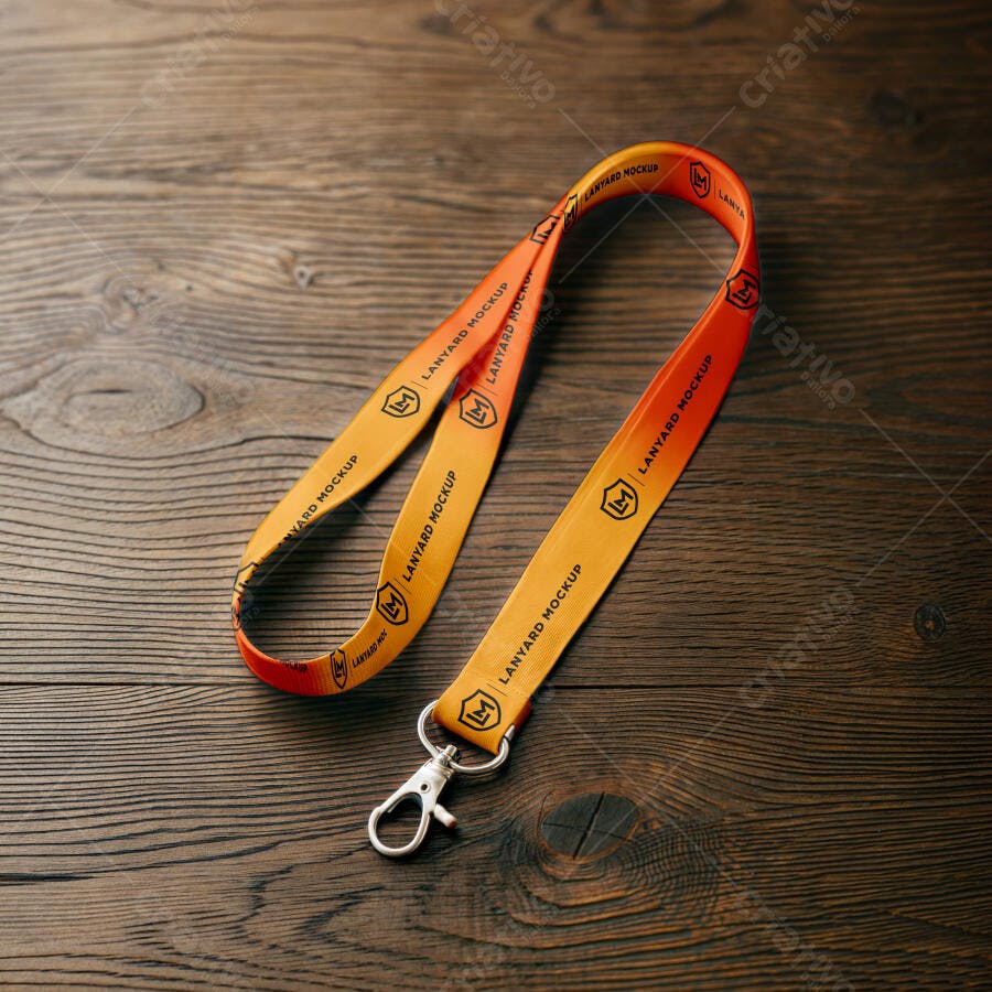 Mockup Cordão Crachá Lanyard Flat Lay Mesa Madeira Editável