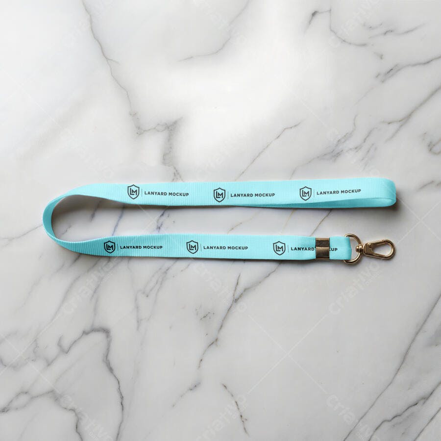 Mockup Cordão Crachá Lanyard Vista Superior Mármore Editável