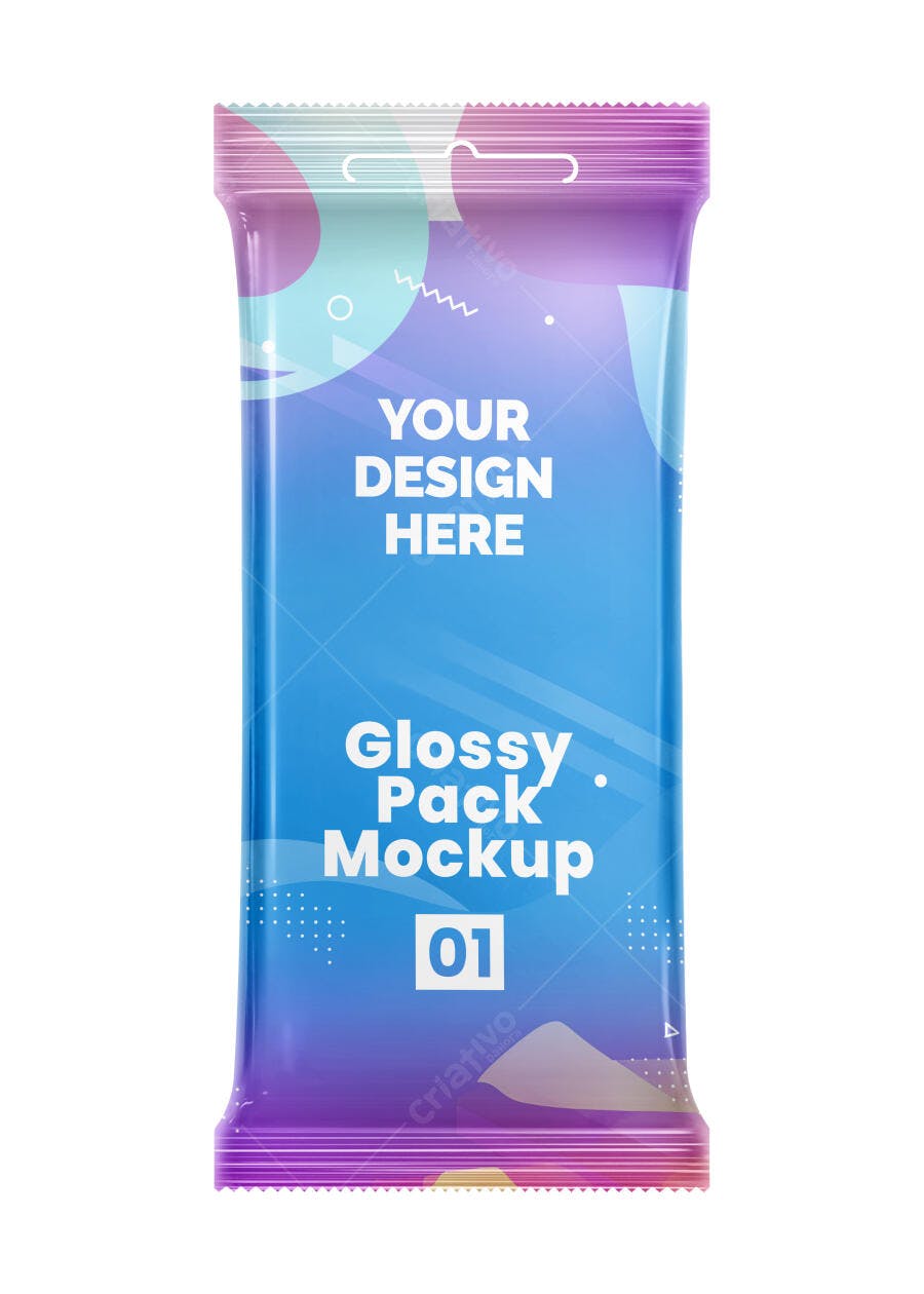 Mockup Embalagem Plástica Glossy Frontal Fundo Branco Editável