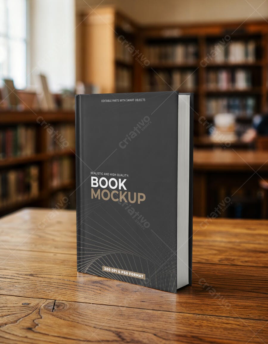 Mockup Livro Capa Dura 3/4 Mesa Madeira Biblioteca Editável