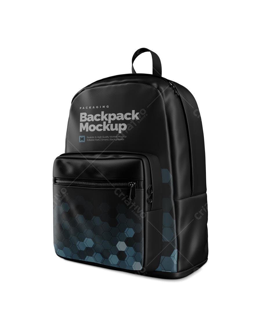 Mockup Mochila Preta 3/4 Fundo Branco Editável