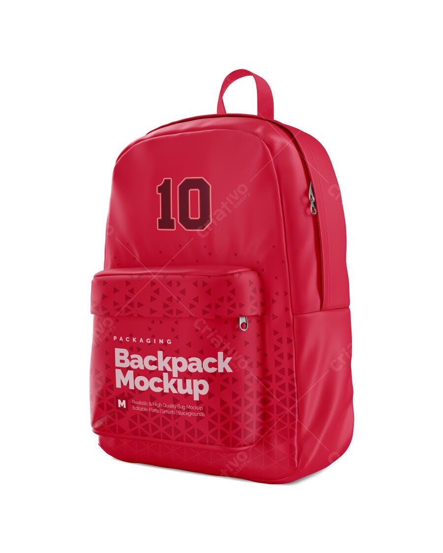 Mockup Mochila Vermelha 3/4 Fundo Branco Editável
