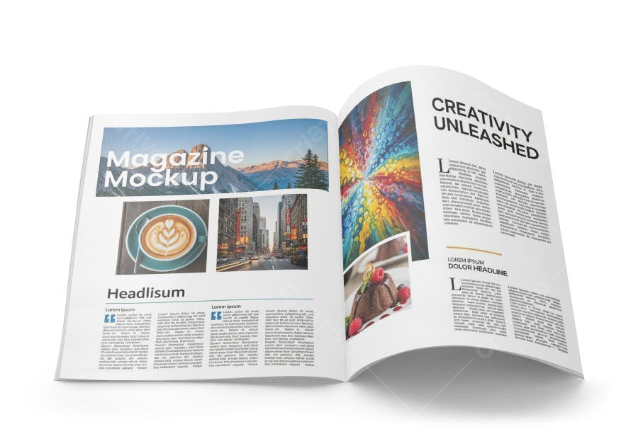 Mockup Revista Aberta Fundo Branco Minimalista Editável