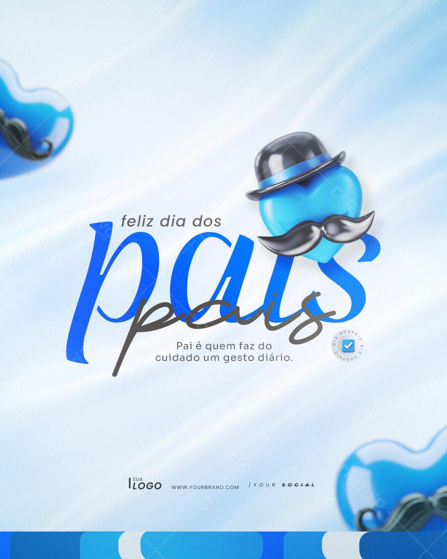 Post Instagram Dia dos Pais Coração Bigode Azul PSD Editável