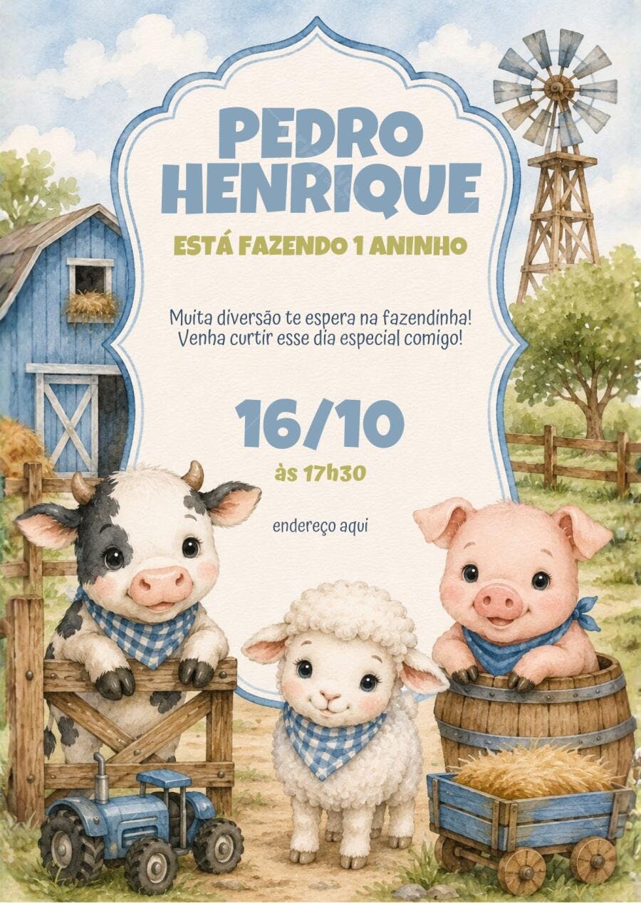 Convite Aniversário Fazendinha 1 Aninho Animais Fofos Editável