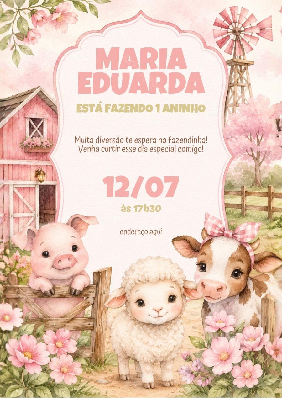 Convite Aniversário Fazendinha Rosa 1 Aninho Editável