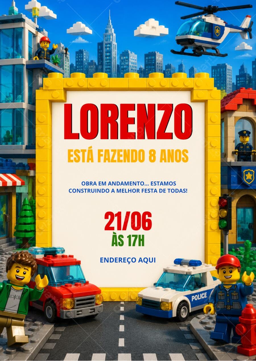 Convite Aniversário Lego Cidade 8 Anos Editável