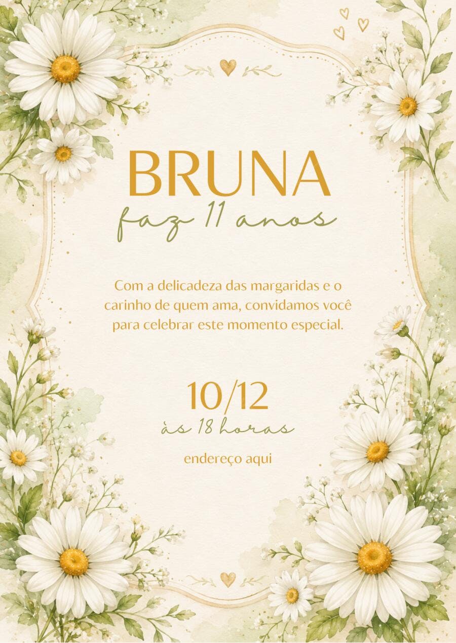Convite Aniversário Margaridas 11 Anos Floral Editável