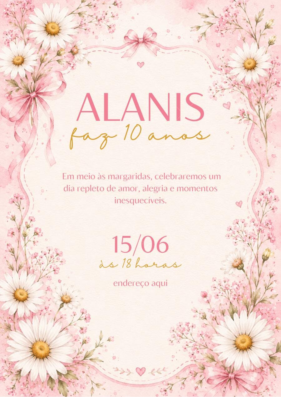 Convite Aniversário Margaridas Rosas 10 Anos Editável