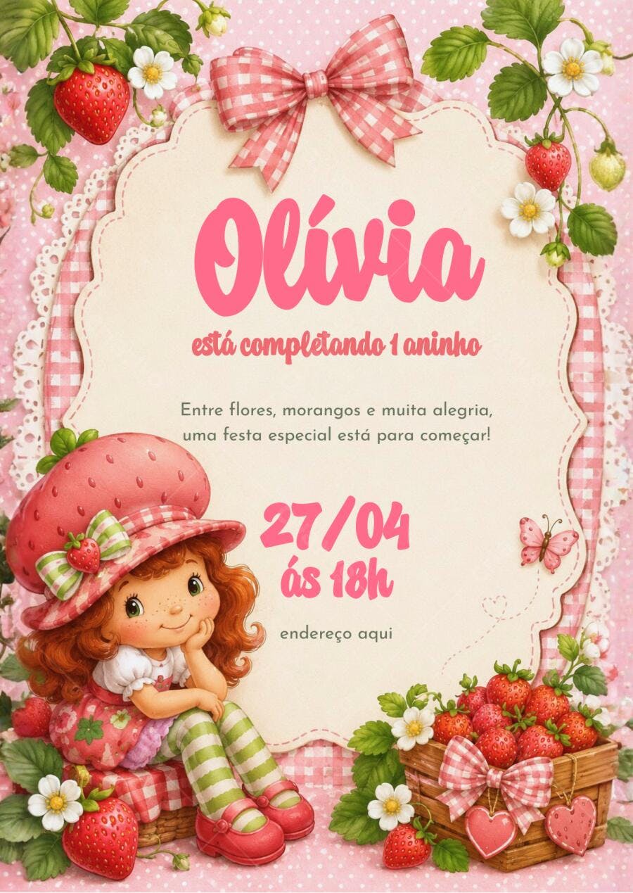 Convite Aniversário Moranguinho 1 Aninho Editável