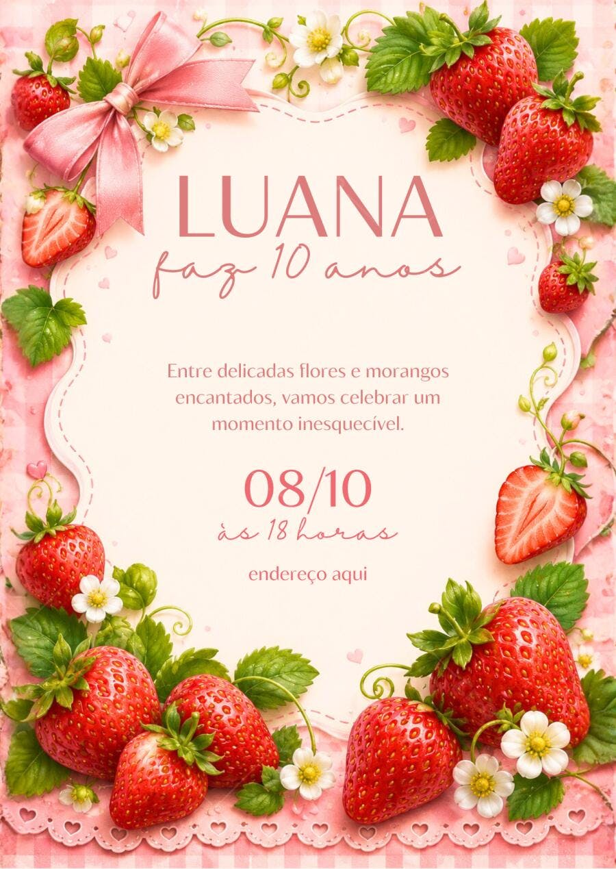 Convite Aniversário Moranguinho 10 Anos Editável