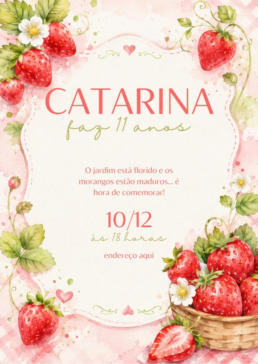 Convite Aniversário Moranguinho 11 Anos Editável