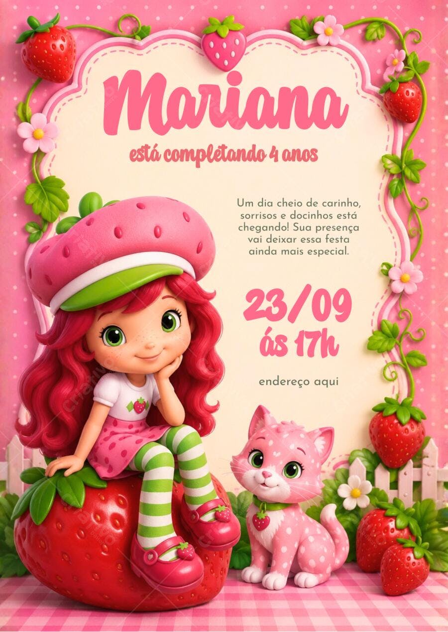 Convite Aniversário Moranguinho 4 Anos Editável