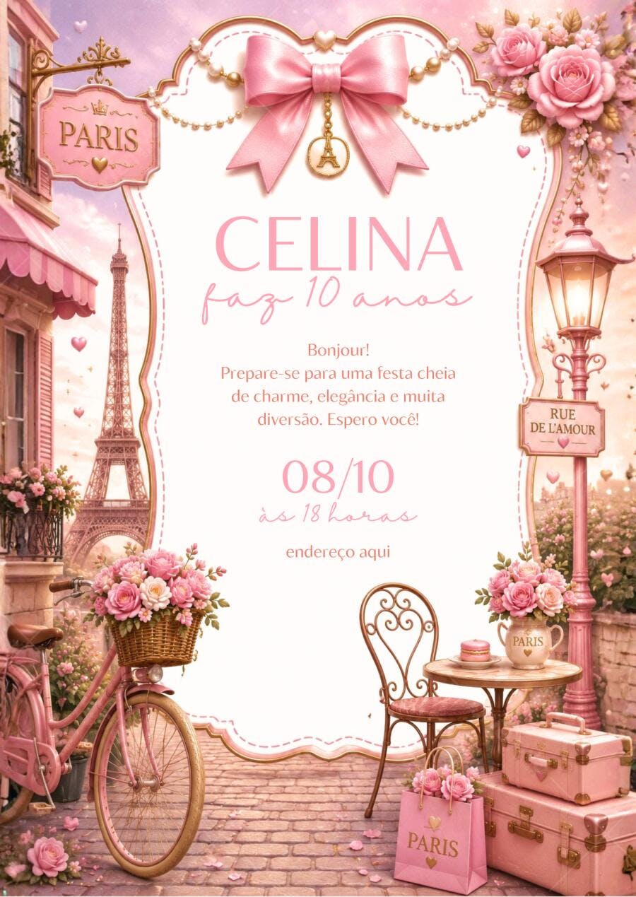 Convite Aniversário Paris Rosa 10 Anos Editável
